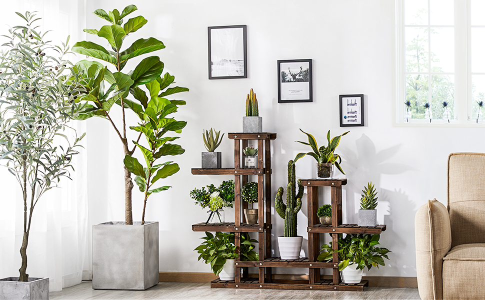 Yaheetech Etagère à Fleurs Support Porte Pot de Plantes en Bois 8 Tablettes 6 Niveaux ...